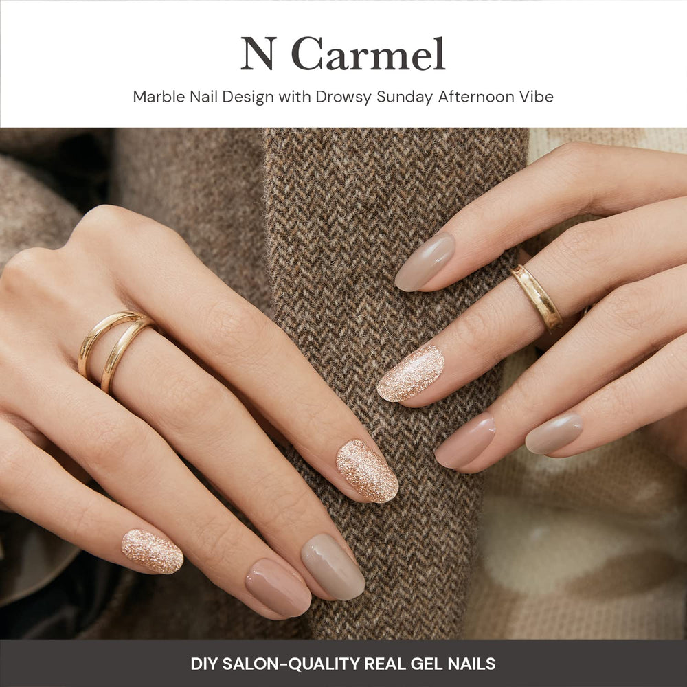 ohora tira uñas glitter semicurado N Carmel, acabado brillante para looks glamorosos.