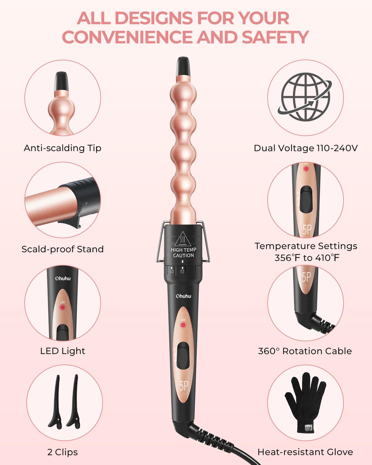 Ohuhu curler-set cable giratorio 360° para manejo cómodo