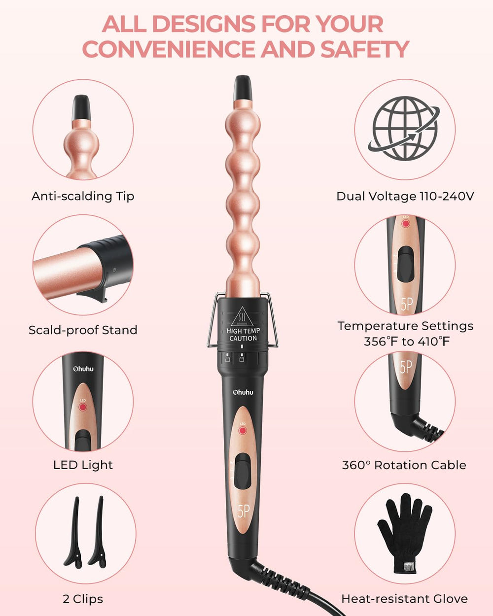 Ohuhu curler-set cable giratorio 360° para manejo cómodo