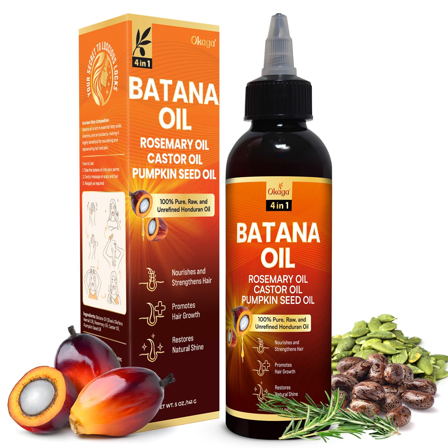 Okaga Batana Oil bottle with rosemary promotes scalp hydration and natural shine