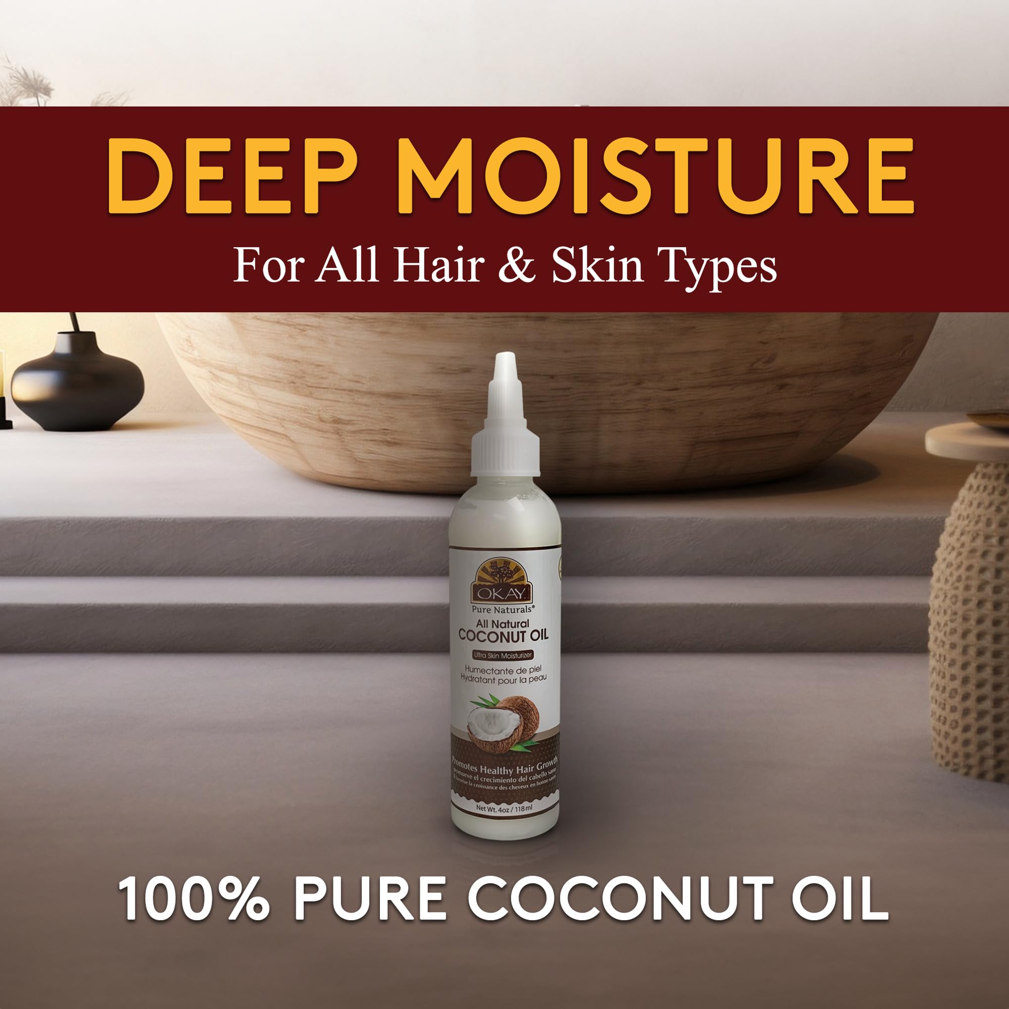 OKAY aceite de coco puro, aplicación en cabello para brillo y suavidad.