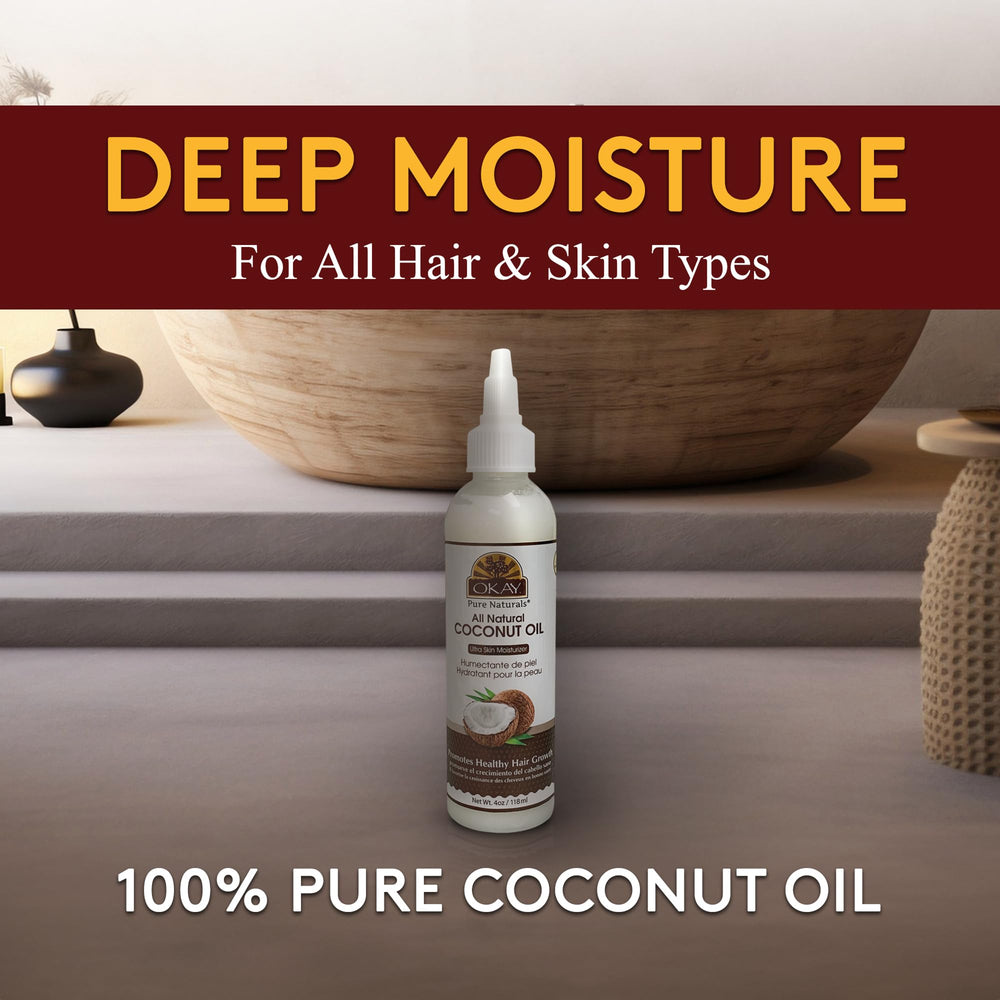 OKAY aceite de coco puro, aplicación en cabello para brillo y suavidad.