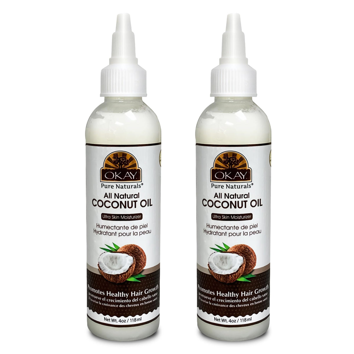 OKAY aceite de coco puro para cabello y piel, hidratación profunda en la botella.