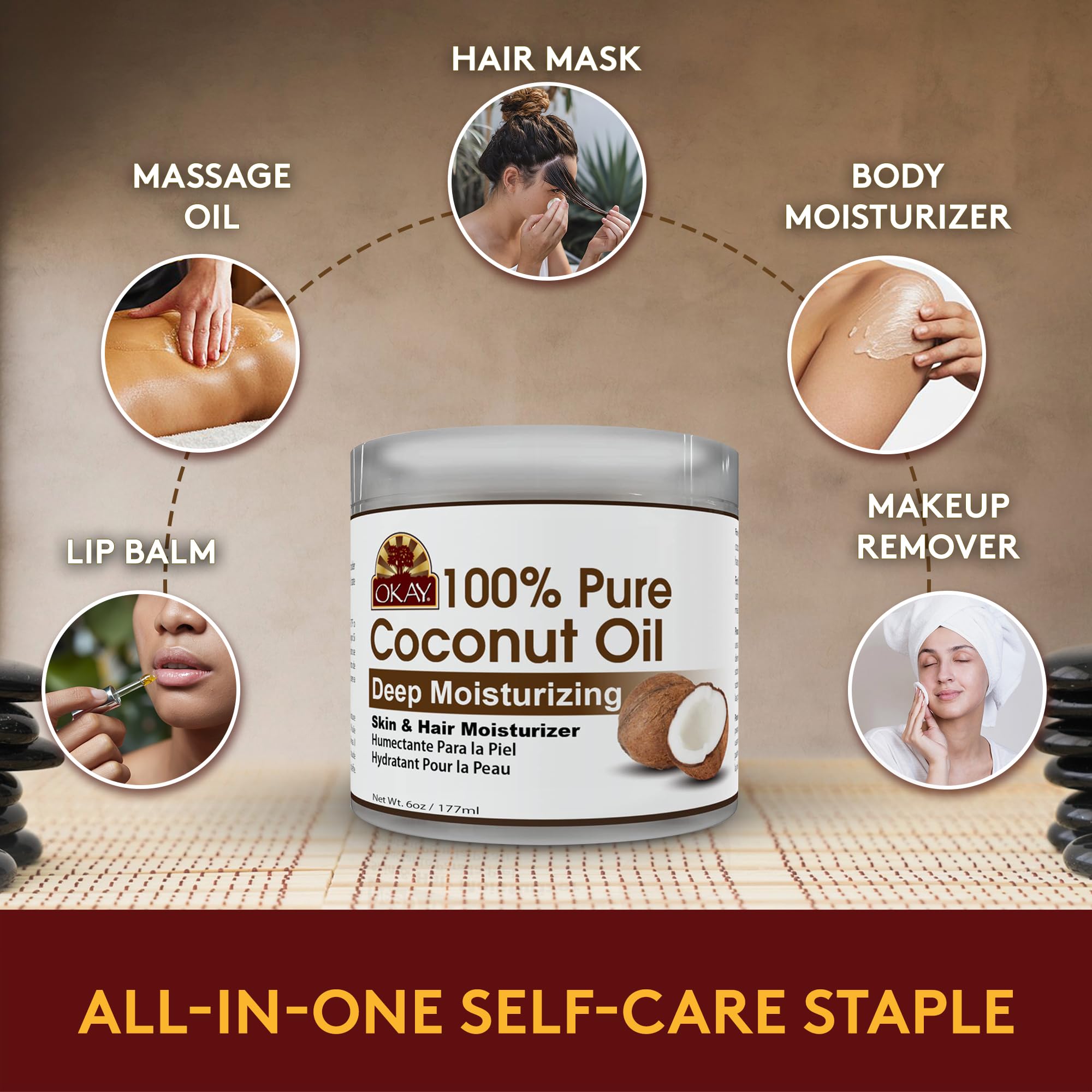 OKAY Aceite de coco puro para masaje relajante: aroma suave y confort.