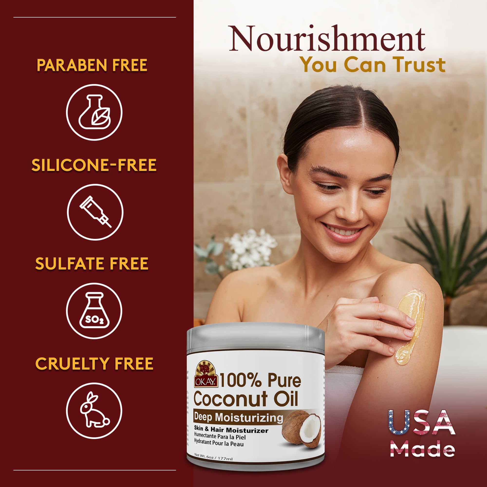 OKAY Aceite de coco puro uso multifuncional: cabello y piel en un solo producto.