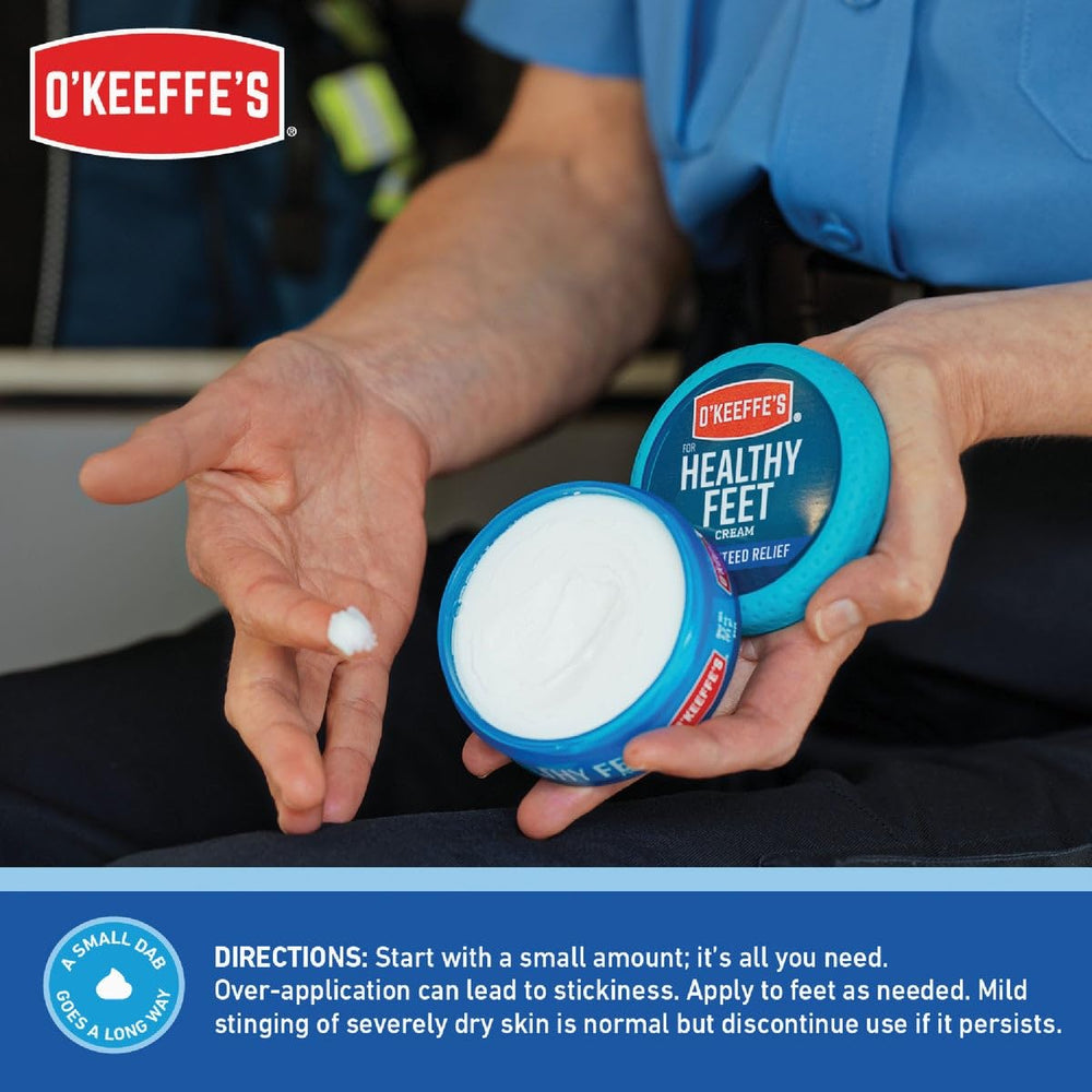 Crema de pies de O'Keeffe's, textura suave, deja sensación de alivio inmediato tras uso.