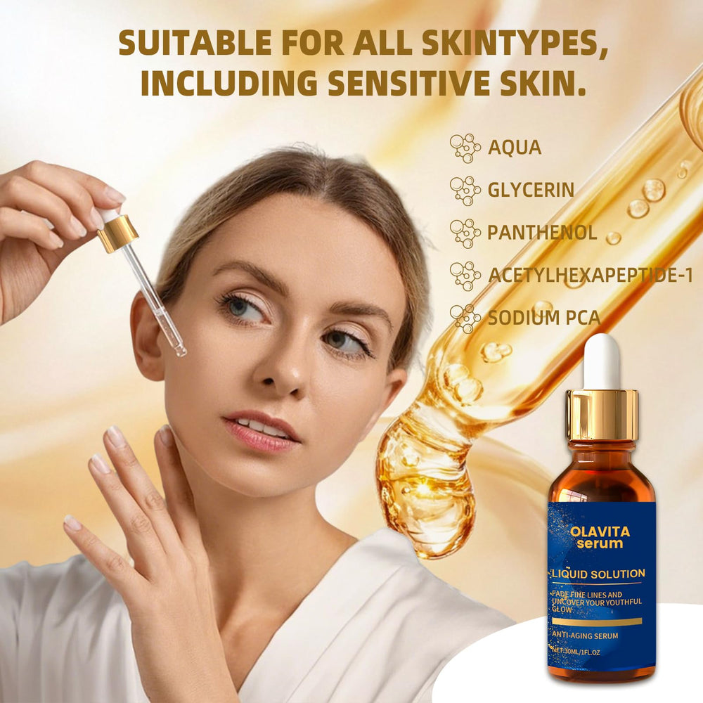 Aplicación de dos a cuatro gotas de Olavita Serum para nutrir la piel.