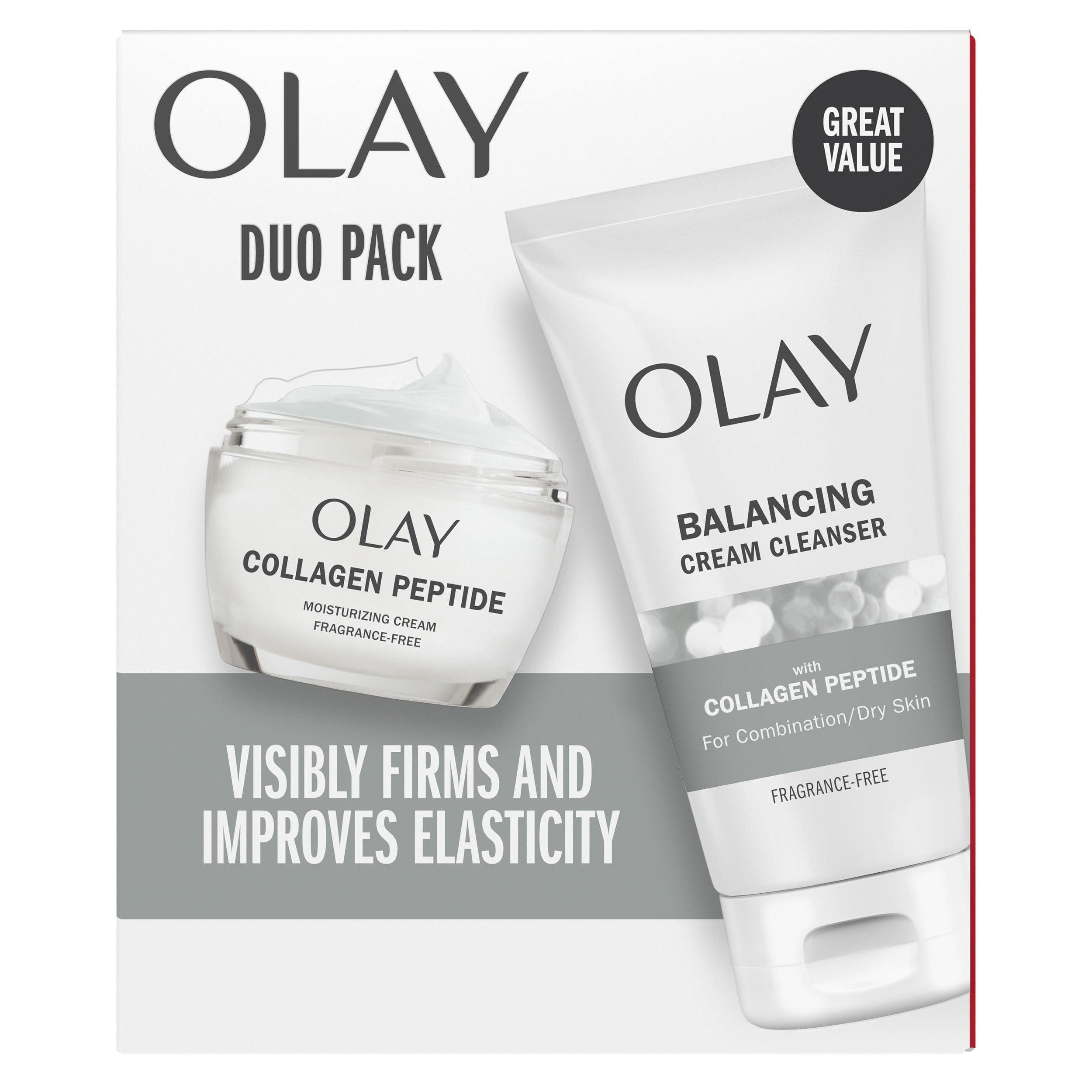 Olay Collagen Peptide Duo Pack: crema hidratante y limpiador para hidratación duradera y piel suave.