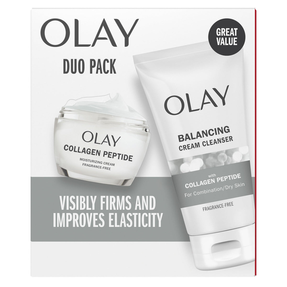 Olay Collagen Peptide Duo Pack: crema hidratante y limpiador para hidratación duradera y piel suave.