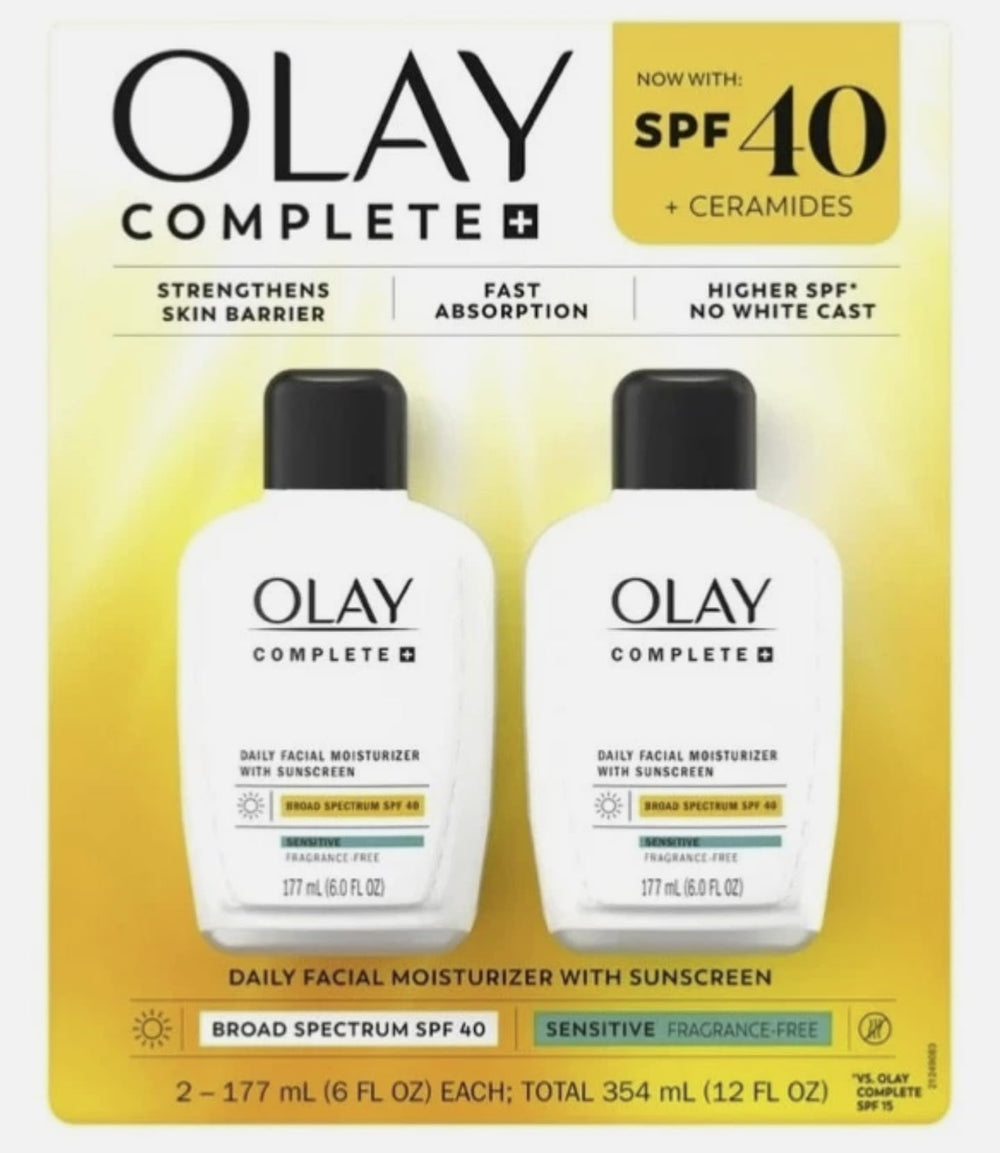 OLAY Complete SPF40 – flacon double pack, hydratation sans résidu gras.