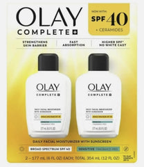 OLAY Complete SPF40 – flacon double pack, hydratation sans résidu gras.