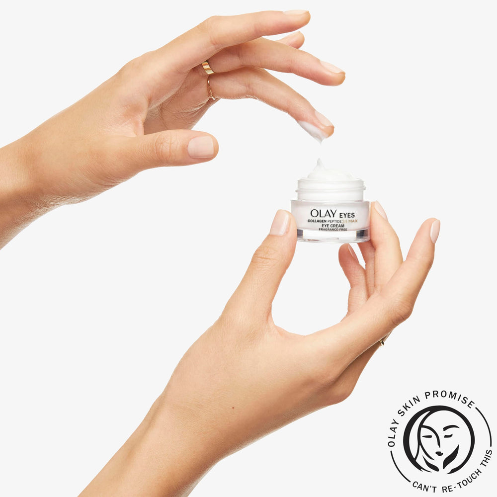 Olay Eyes Peptide 24 MAX — glisse sans résidu gras sous le maquillage.