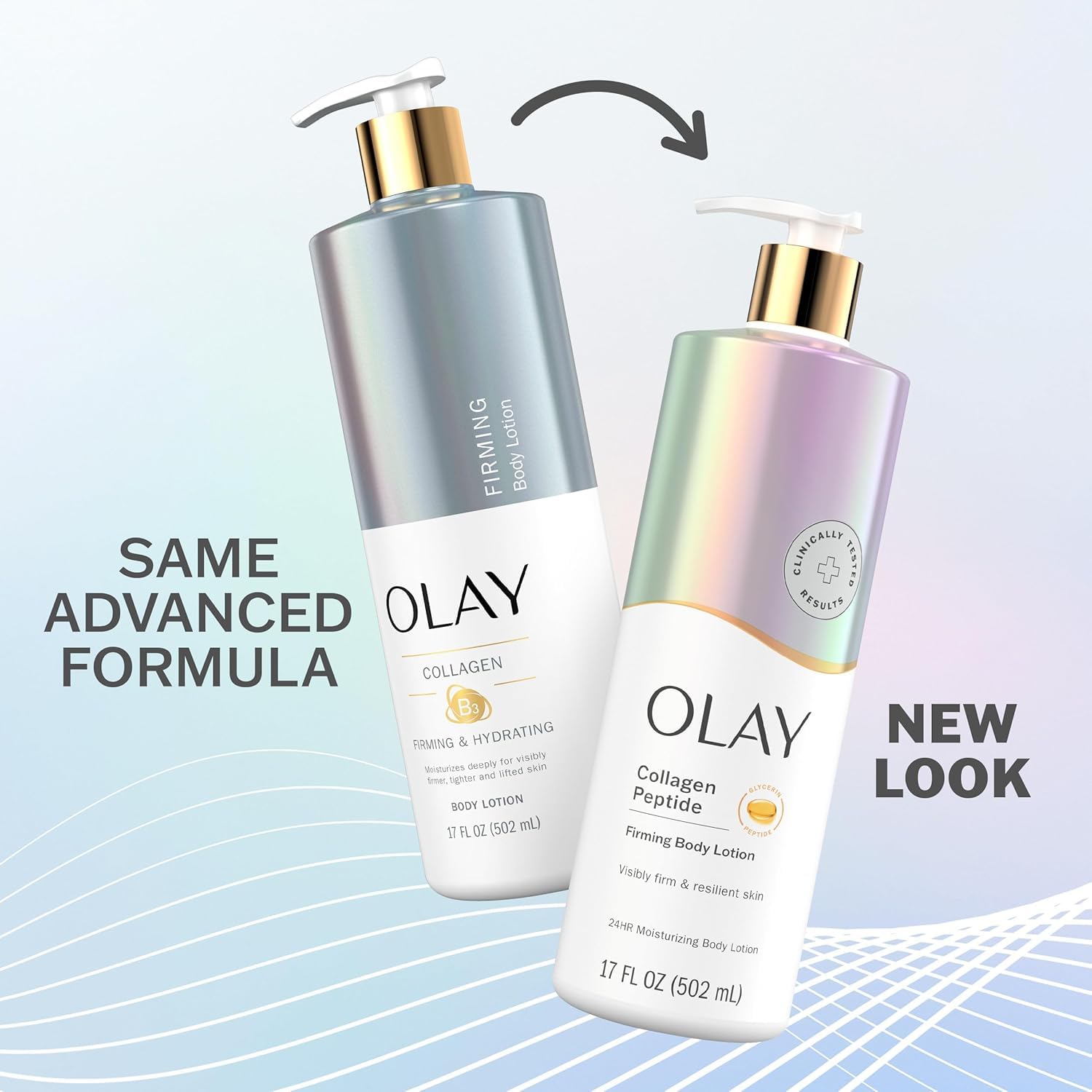 Fórmula de Olay con colágeno y Vitamina B3 para piel más suave y firme.