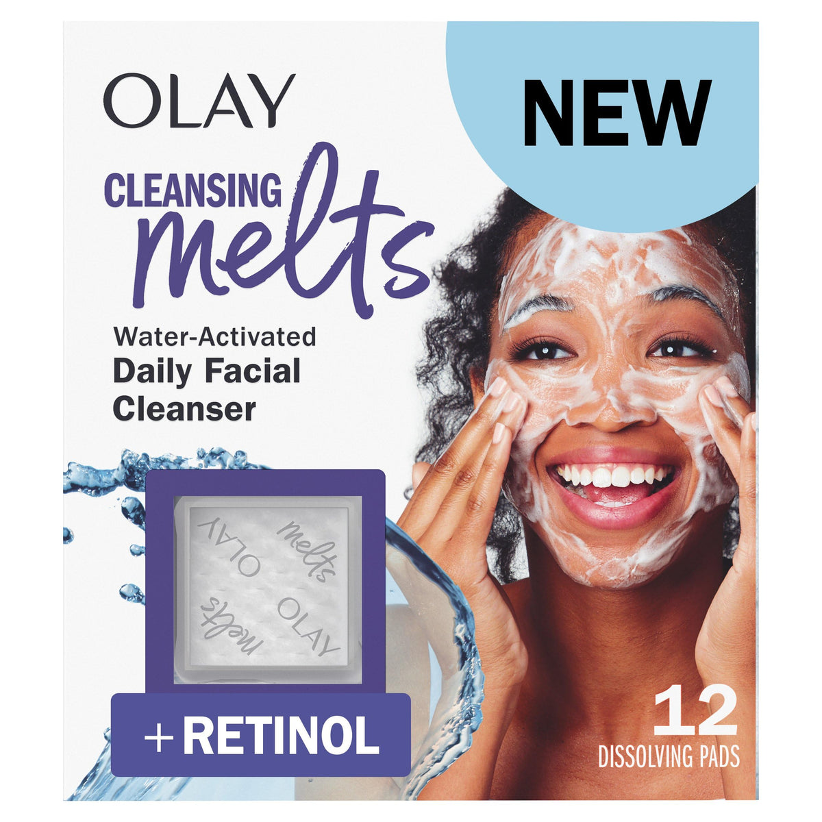 Olay Melts limpieza con empaque seco, práctico para viajar.
