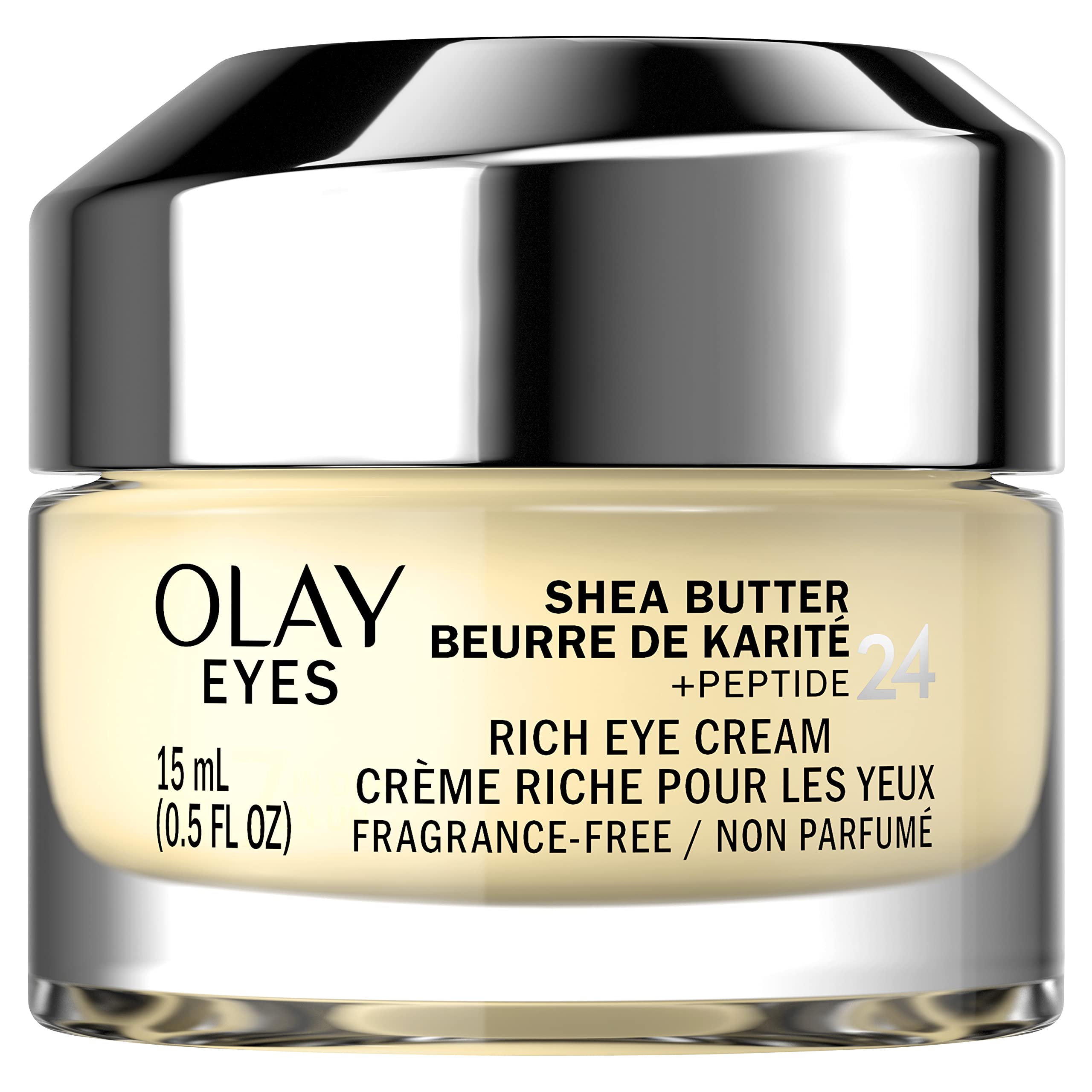 Crema de ojos Olay con manteca de karité y péptidos en envase, hidratación suave.