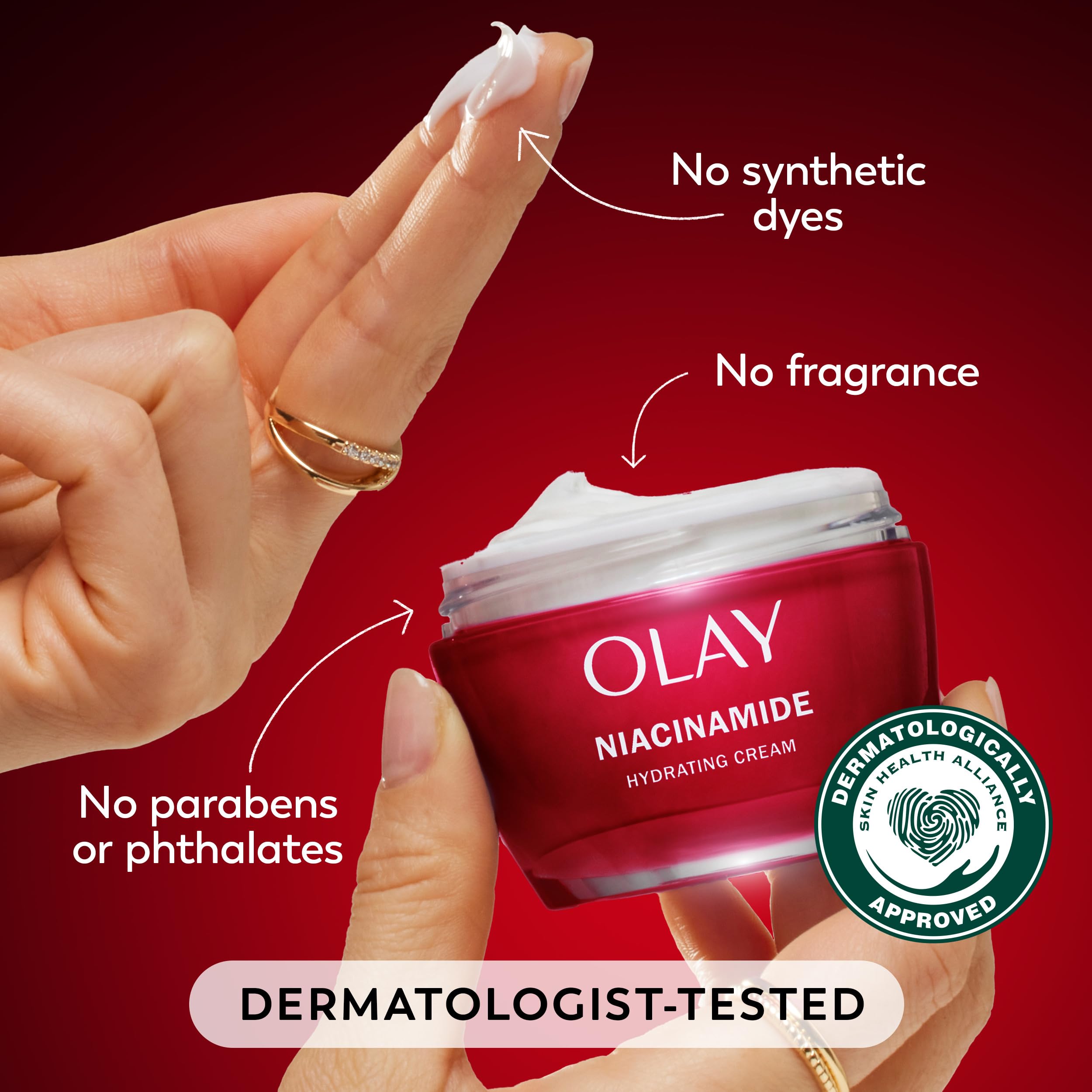 Olay Regenerist Niacinamida, aplicación nocturna, piel descansada y renovada.