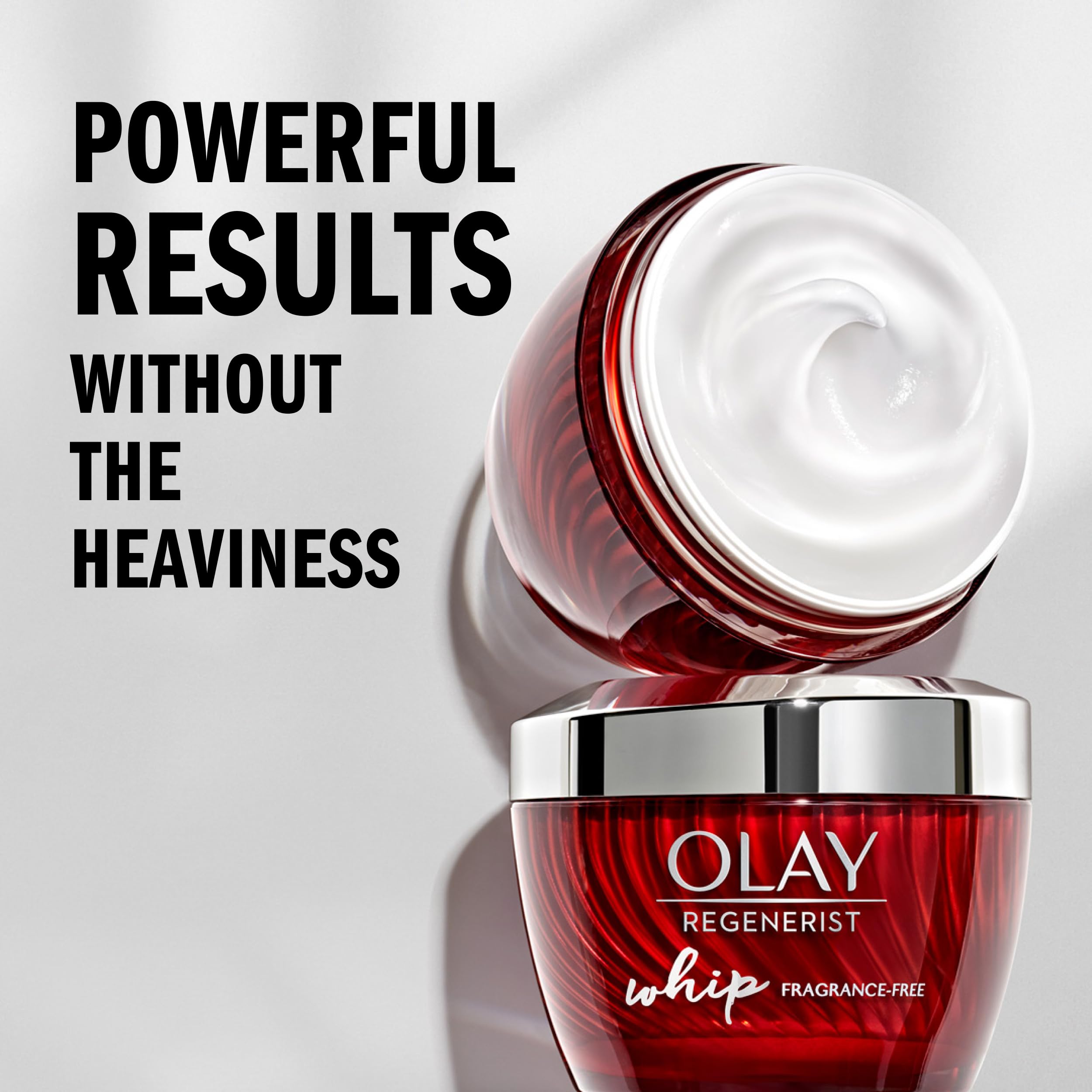 Olay Regenerist Whip Active Rush technology close-up, ultra-lightweight formula on skin.