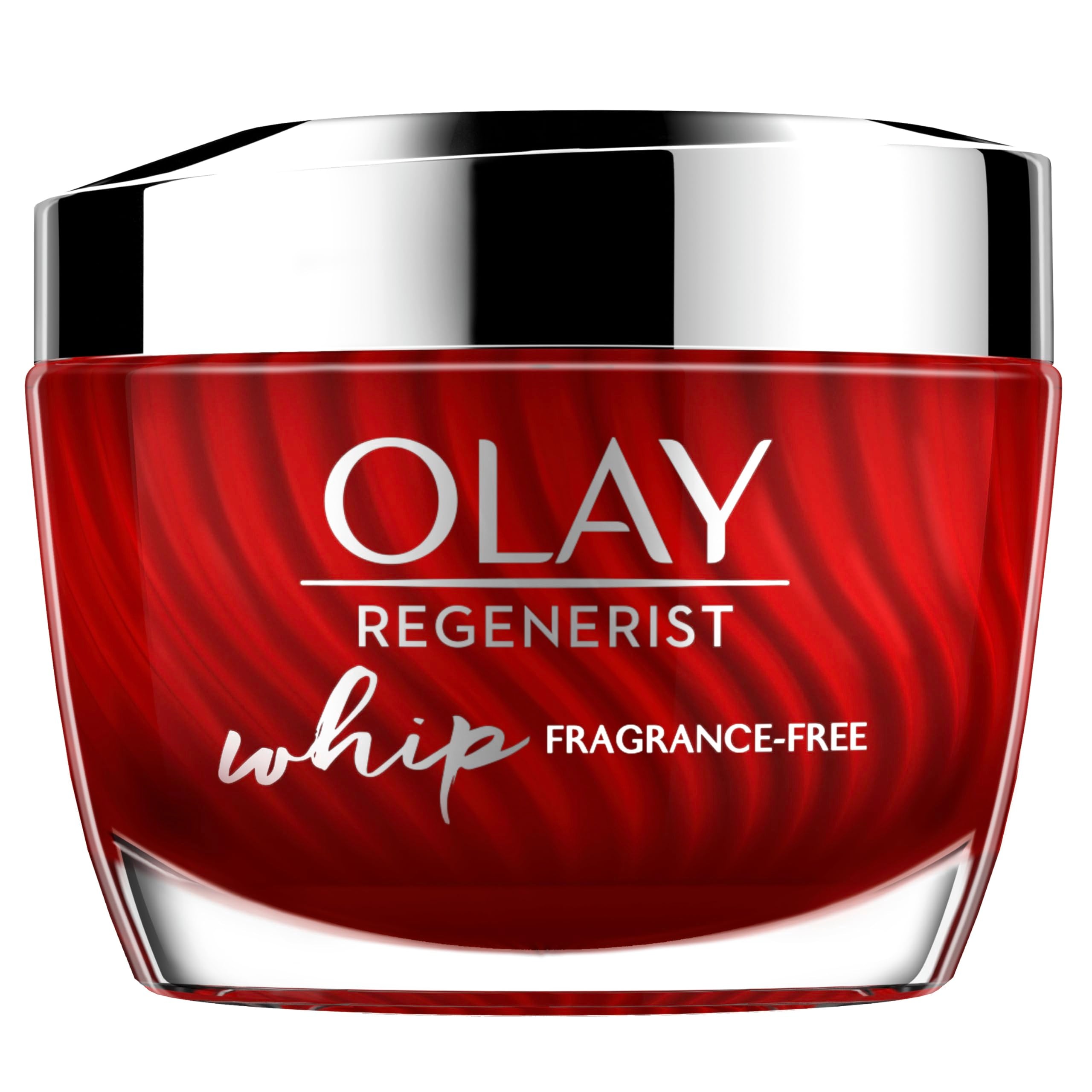 Olay Regenerist Whip bottle close-up, fragrance-free lightweight hydration for combination skin.