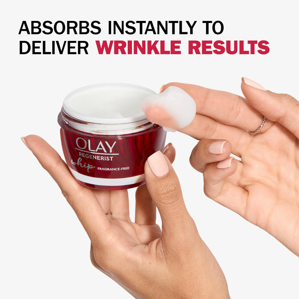Olay Regenerist Whip texture close-up, cream-to-liquid transformation provides fast absorption.