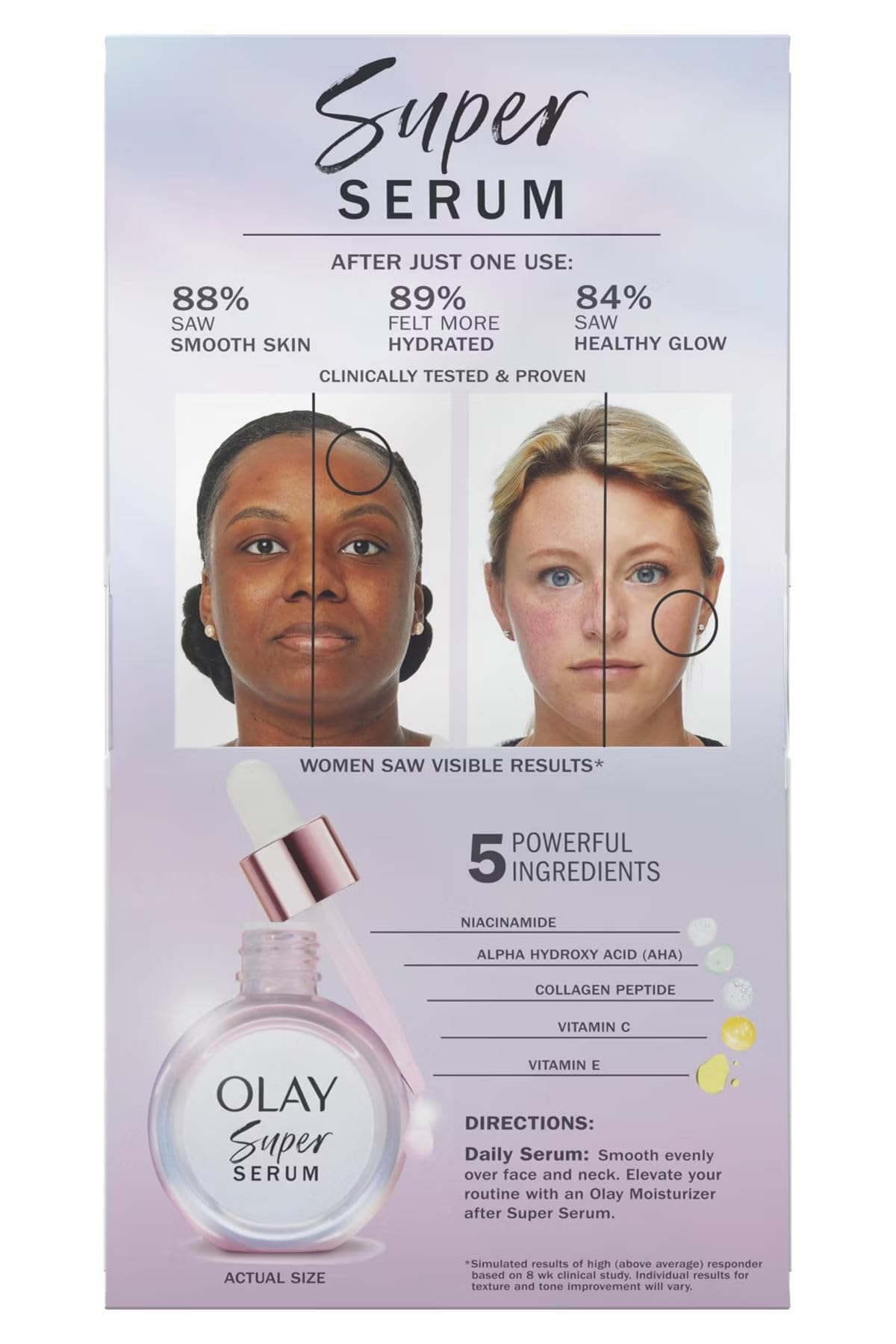 Olay Super Serum, rides visiblement lissées et peau plus lisse.