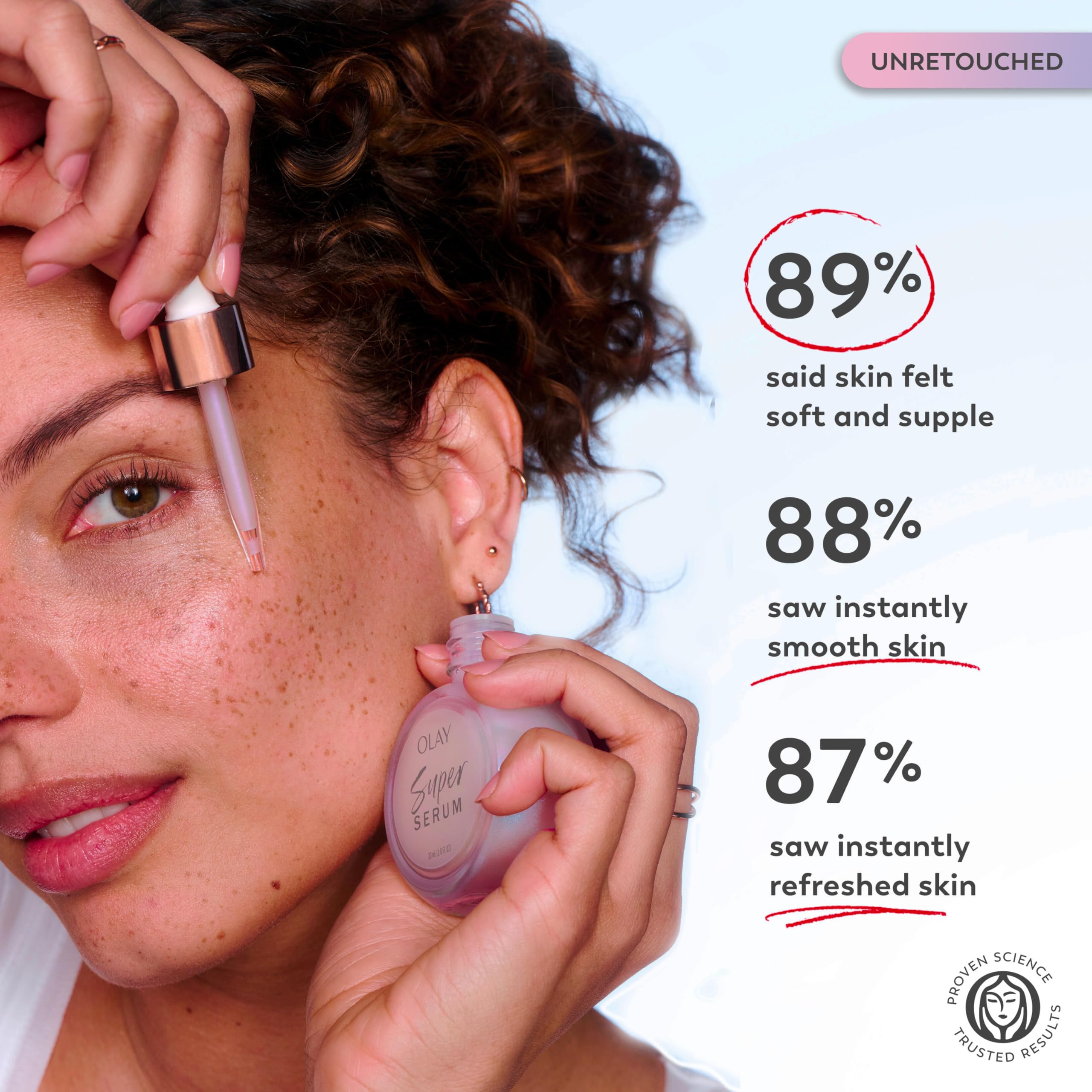 Olay Super Serum textura ligera, absorción rápida en rostro y cuello.