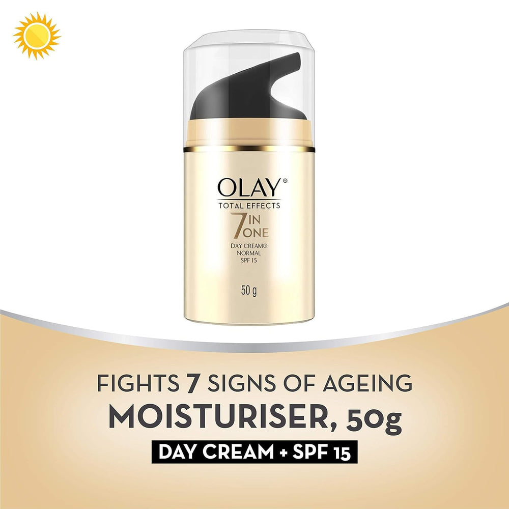 Olay Total Effects crema de día SPF 15 ofrece protección UVA/UVB durante el día.