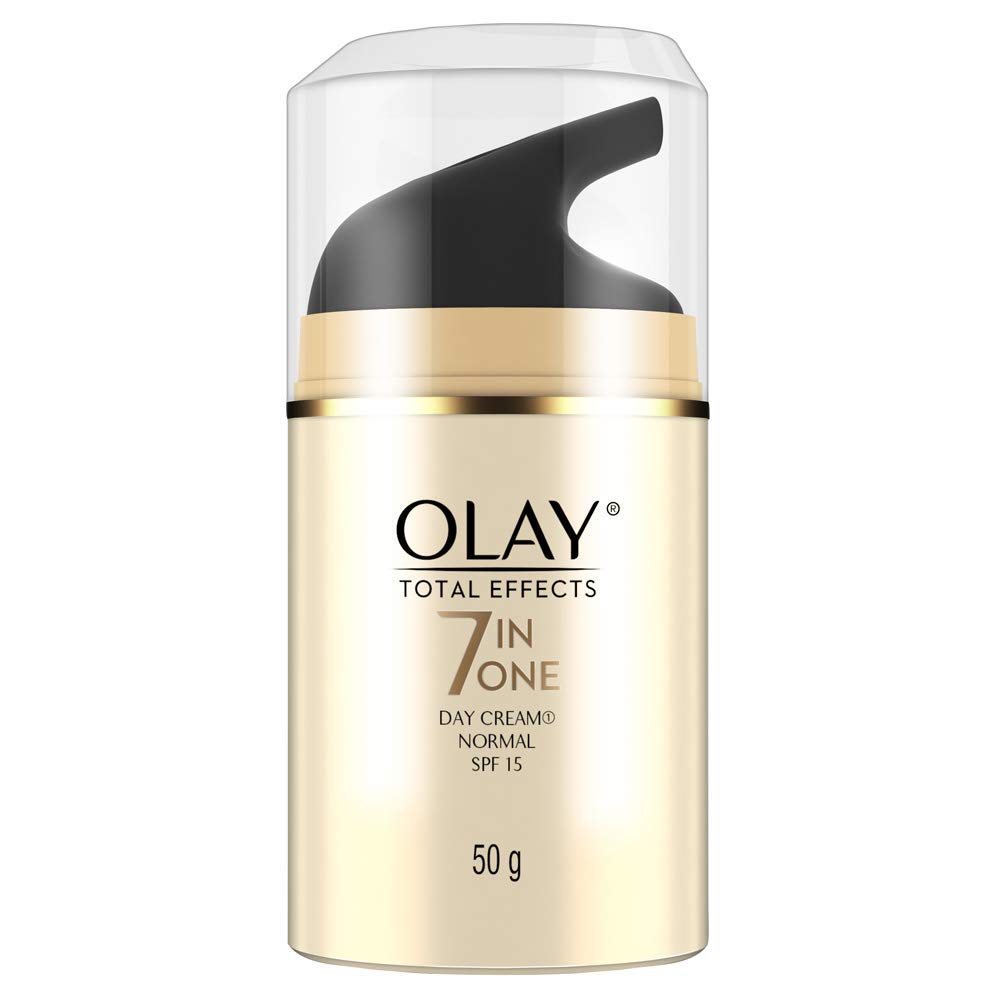 Olay Total Effects crema de día SPF 15 en tubo, textura sedosa para hidratación diaria.