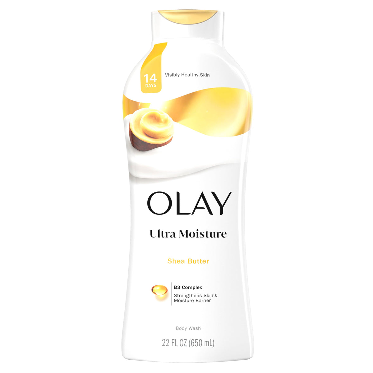 Olay Ultra Moisture muestra botella frontal para piel suave y saludable