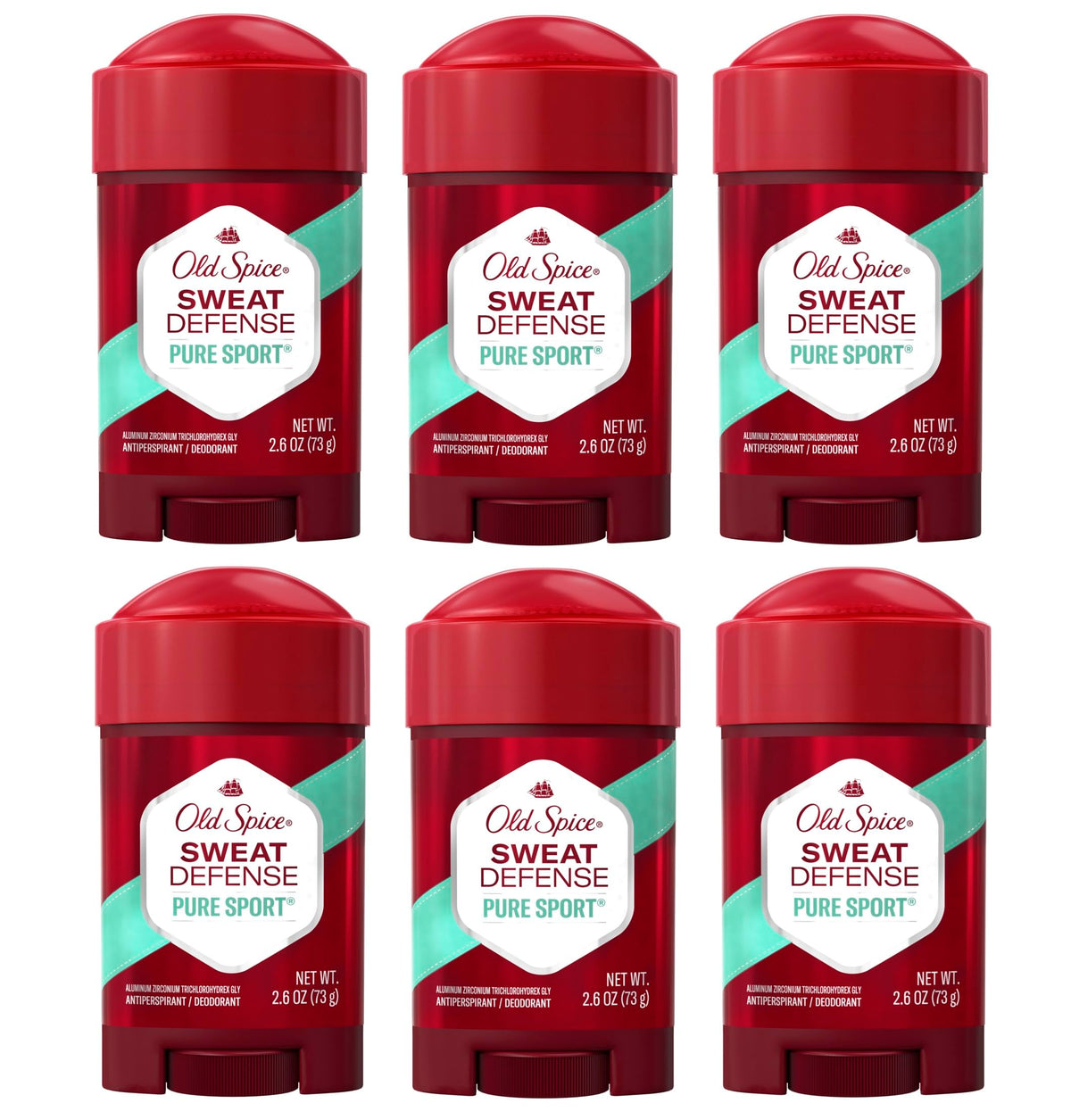 Old Spice Anti-transpirant Pure Sport Doux Solide, pack de 6, protection durable au quotidien.