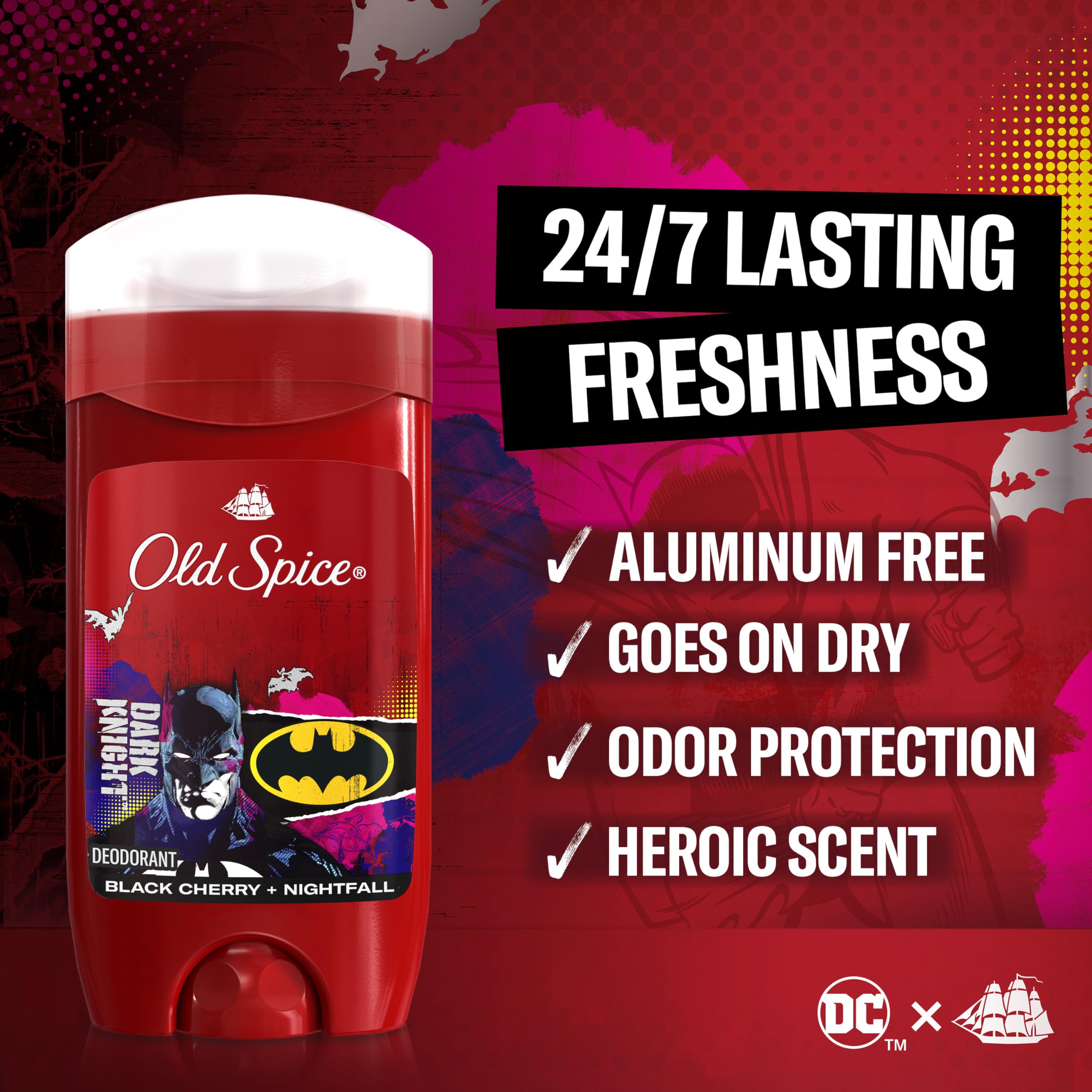 Old Spice Batman fragancia Black Cherry Nightfall para frescura continua.