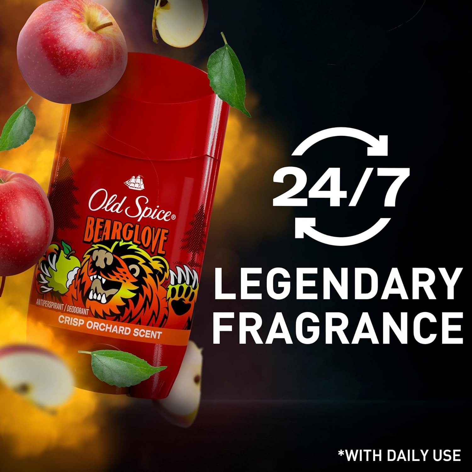 Old Spice Bearglove, vista trasera, muestra información y uso diario recomendado.