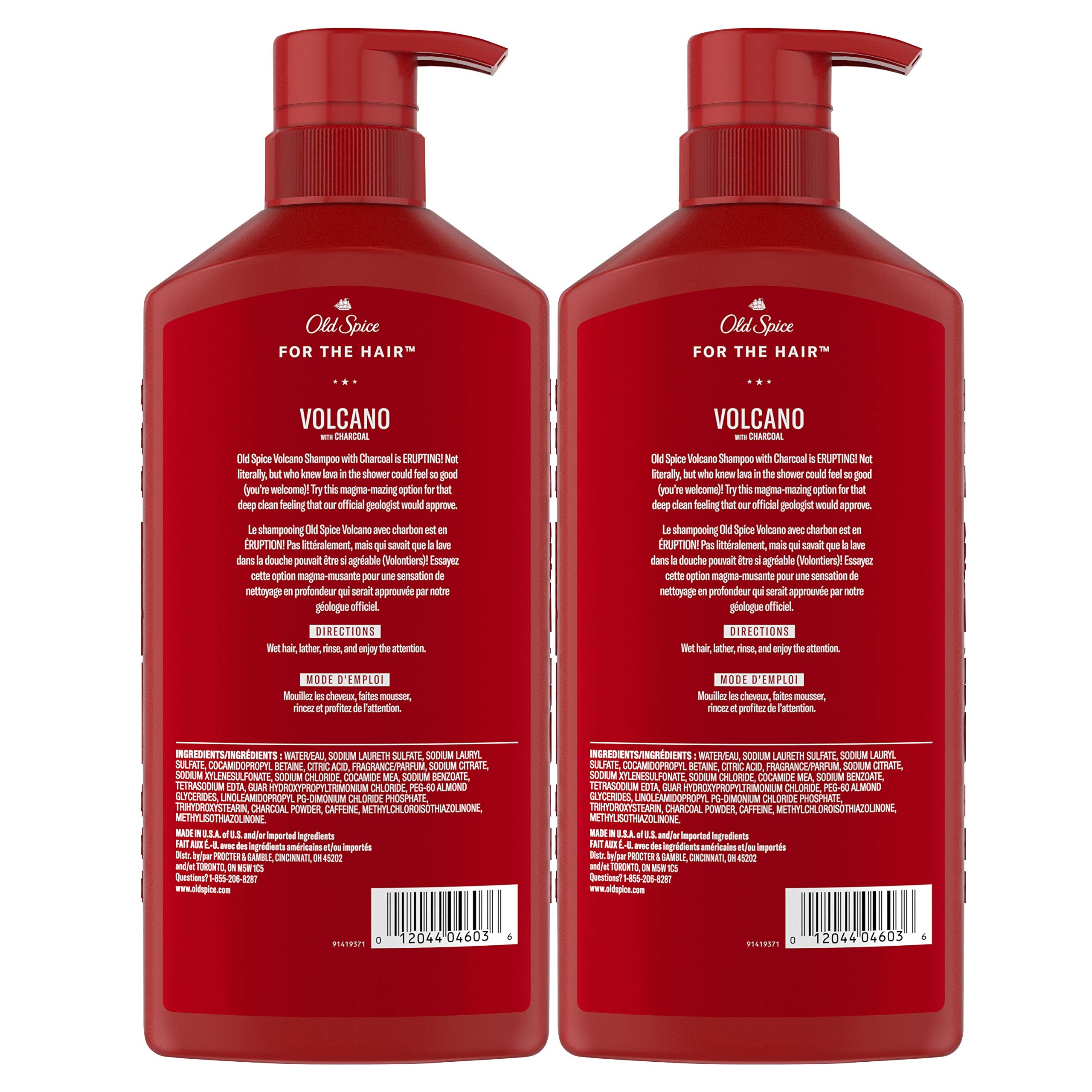 Old Spice Charcoal Champú, botellas dobles visibles, deja sensación de limpieza duradera.