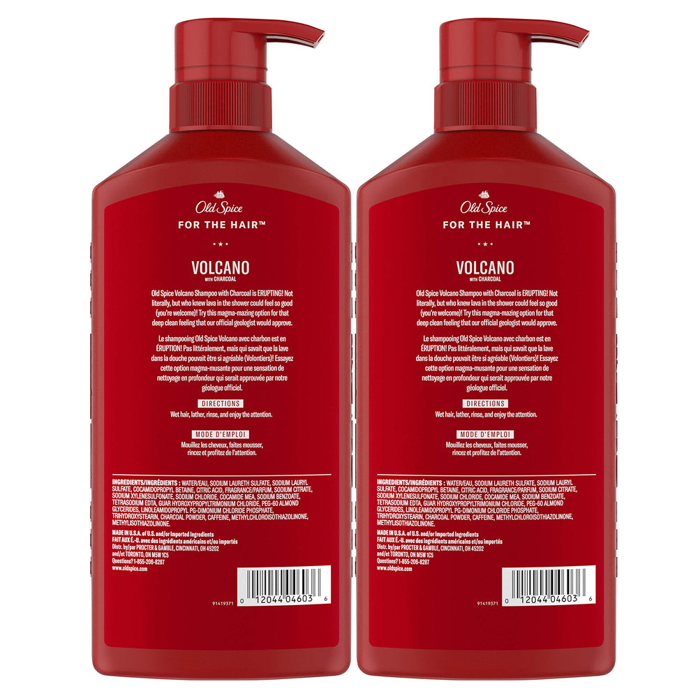 Old Spice Charcoal Champú, botellas dobles visibles, deja sensación de limpieza duradera.