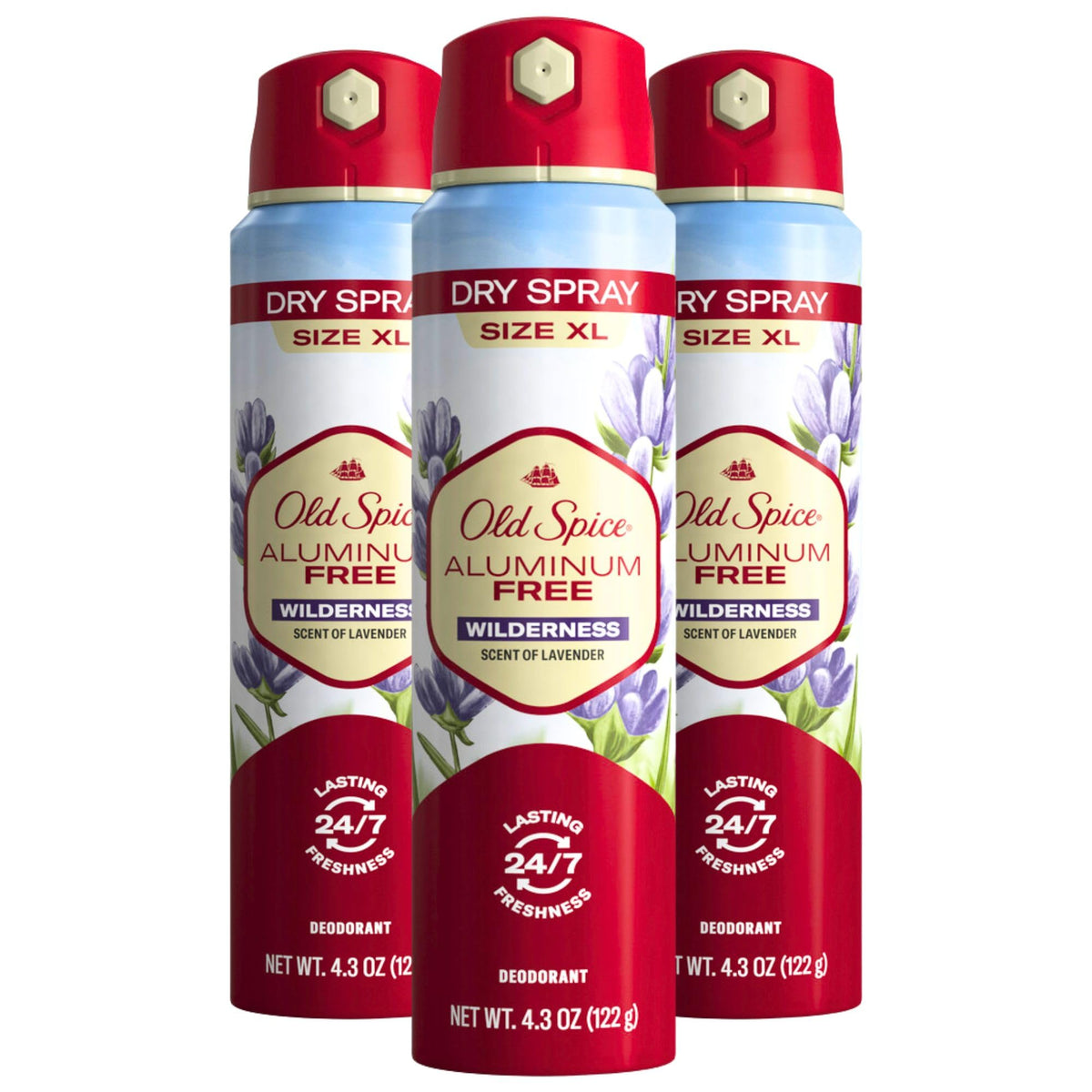 Old Spice desodorante sin aluminio en aerosol, aplicación diaria y refrescante.