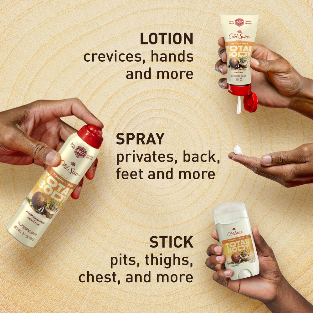 Old Spice desodorante total cuerpo brazos, uso diario suave.