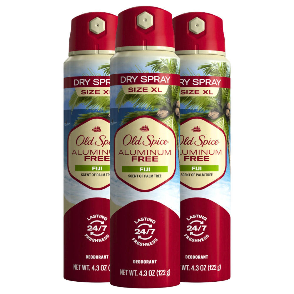 Old Spice Fiji dry spray bottle with palm-tree scent and all-day freshness.