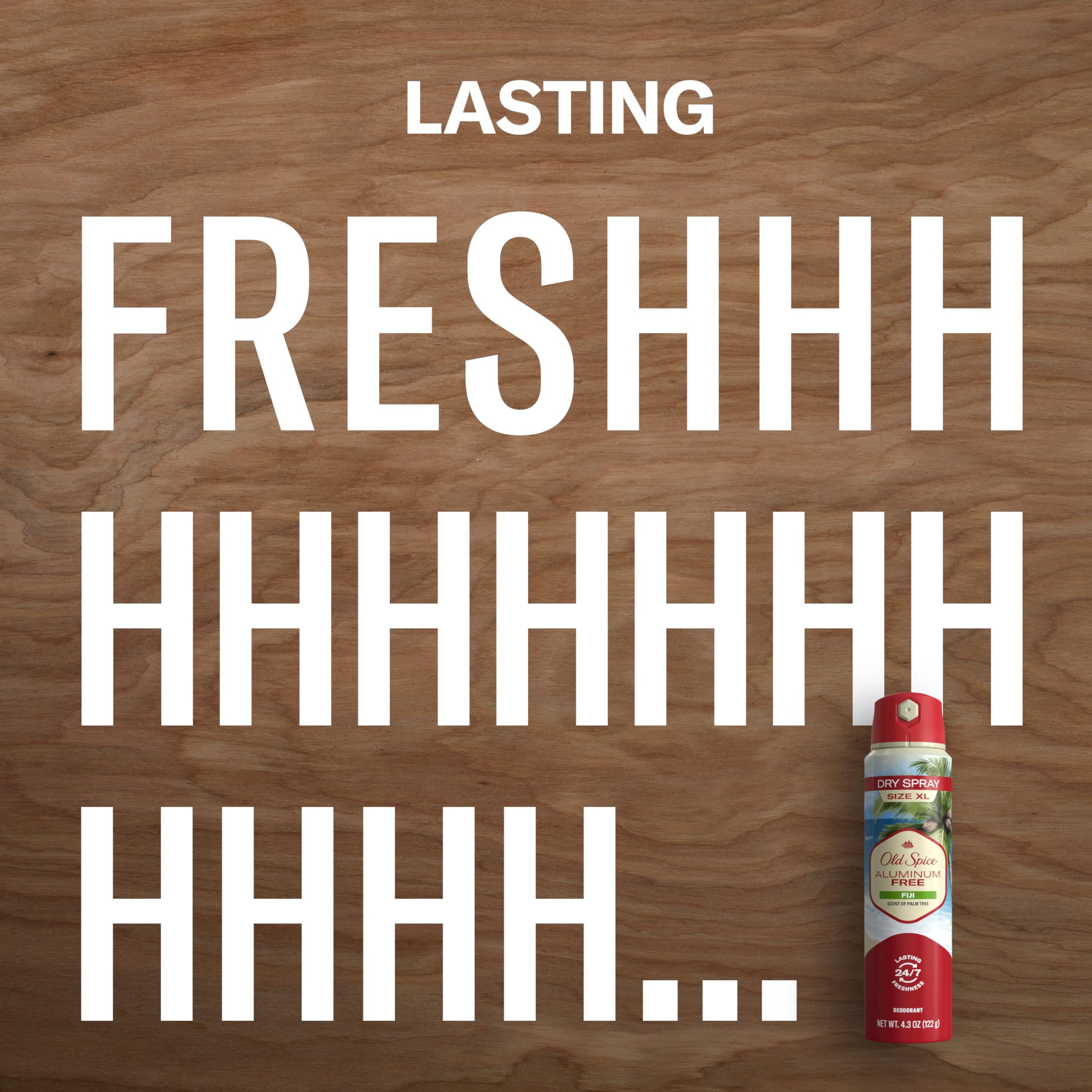 Old Spice Fiji dry spray front label highlighting aluminum-free formula.
