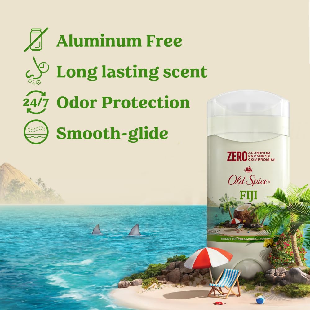 Etiqueta frontal de Old Spice Fiji Palmera Coco que muestra el aroma tropical.