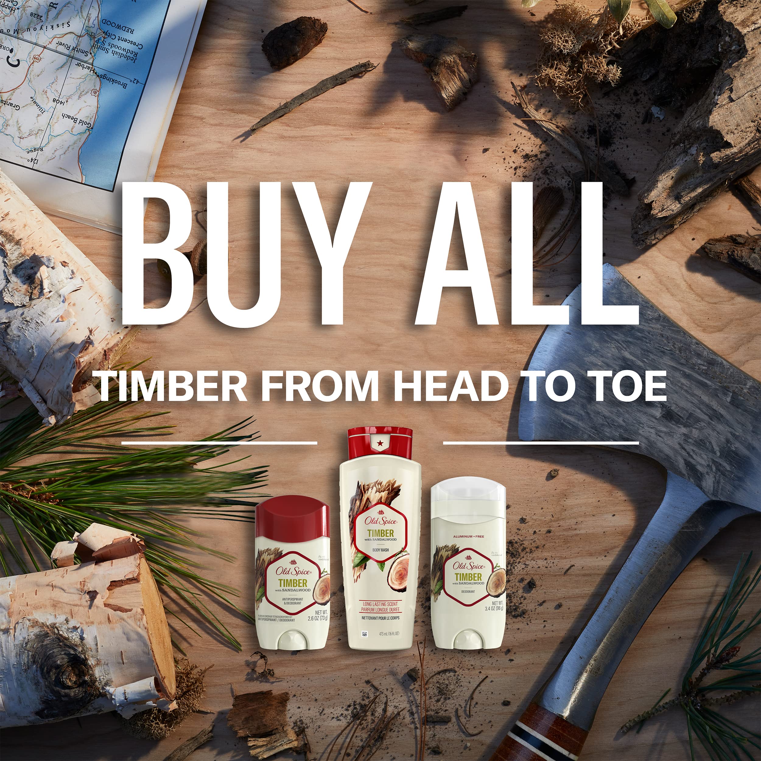 Empaque exterior de Timber Old Spice con diseño clásico y práctico.