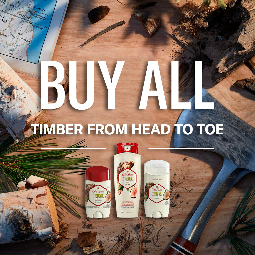 Empaque exterior de Timber Old Spice con diseño clásico y práctico.
