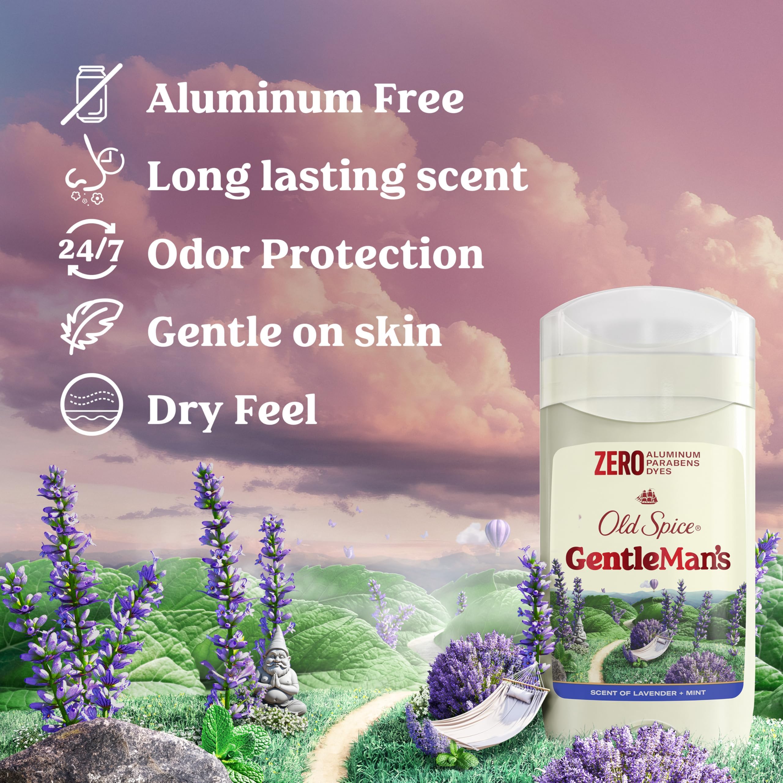 Etiqueta Lavender & Mint de Old Spice GentleMan's Blend perfuma todo el día.