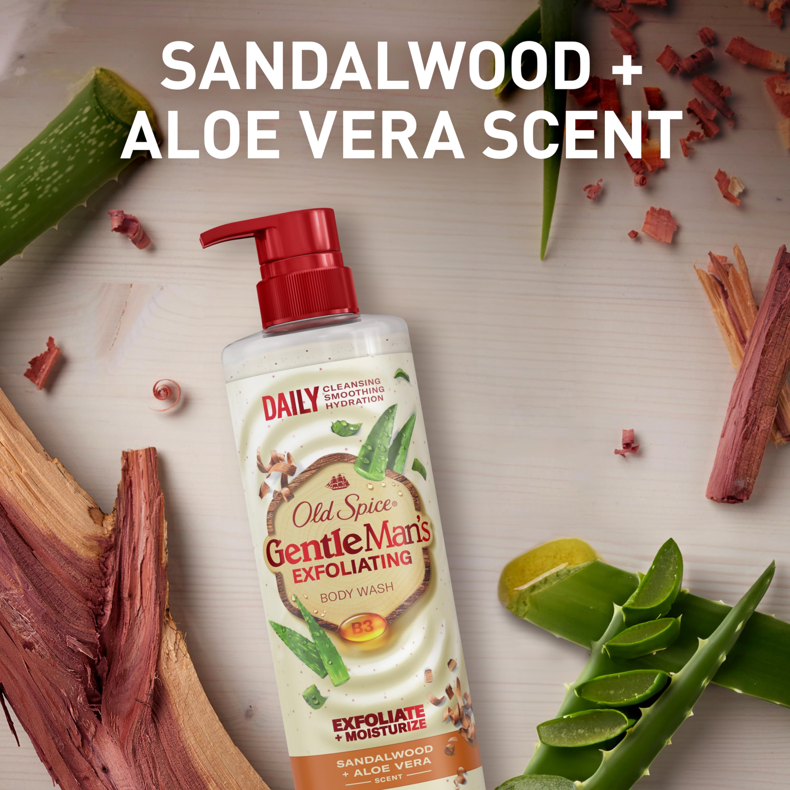 Old Spice body wash bottle with phthalate and paraben free badge highlighted.