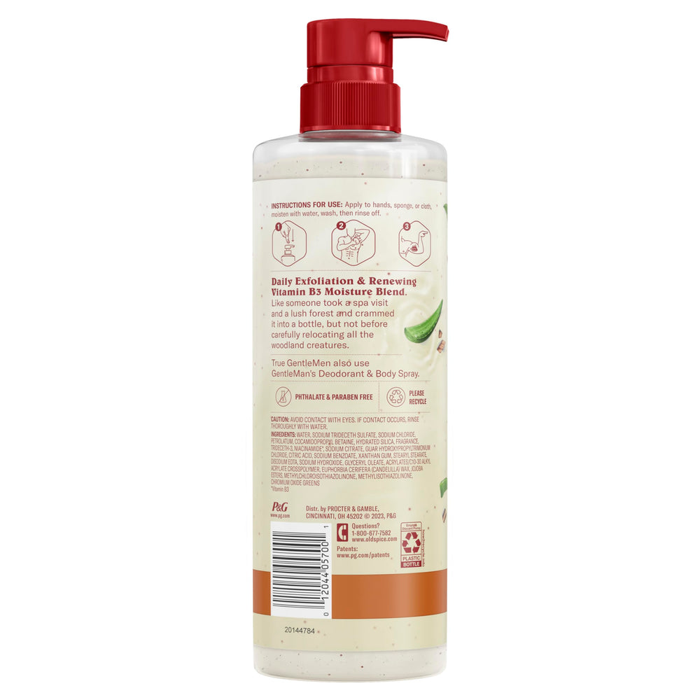 Old Spice sandalwood aloe scent bottle on shower shelf suggesting spa-like ritual.