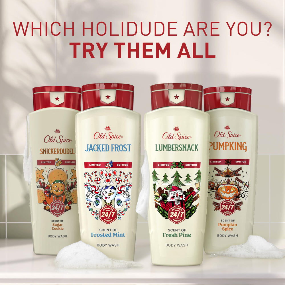 Old Spice Holidude etiqueta dorada, detalle navideño de la colección.
