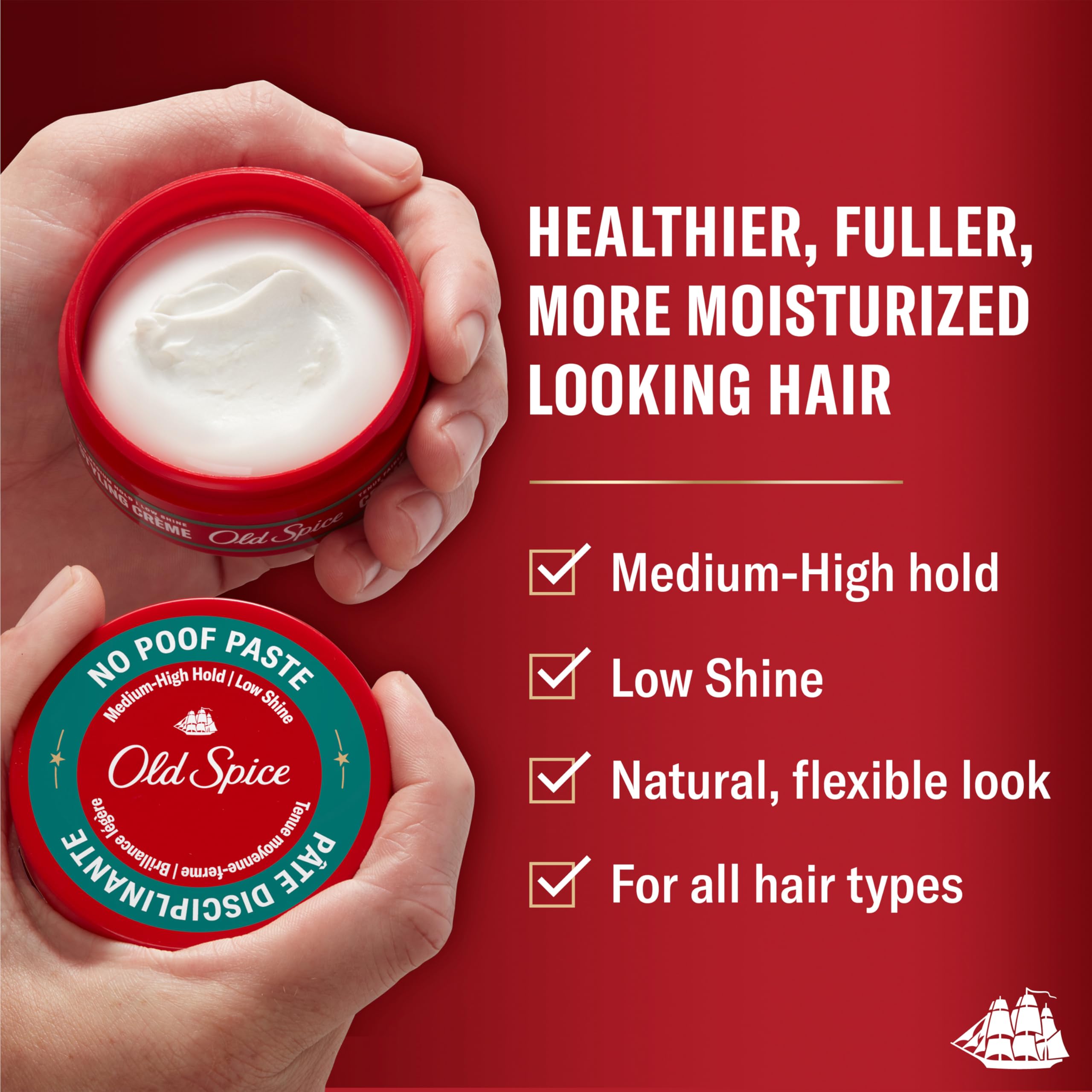 Old Spice No-Poof Paste en manos durante la aplicación para peinado de agarre medio.