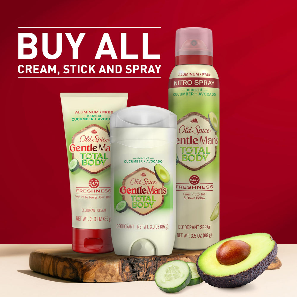 Old Spice Total Body Deodorant uso en axilas y torso para sensación unificada.