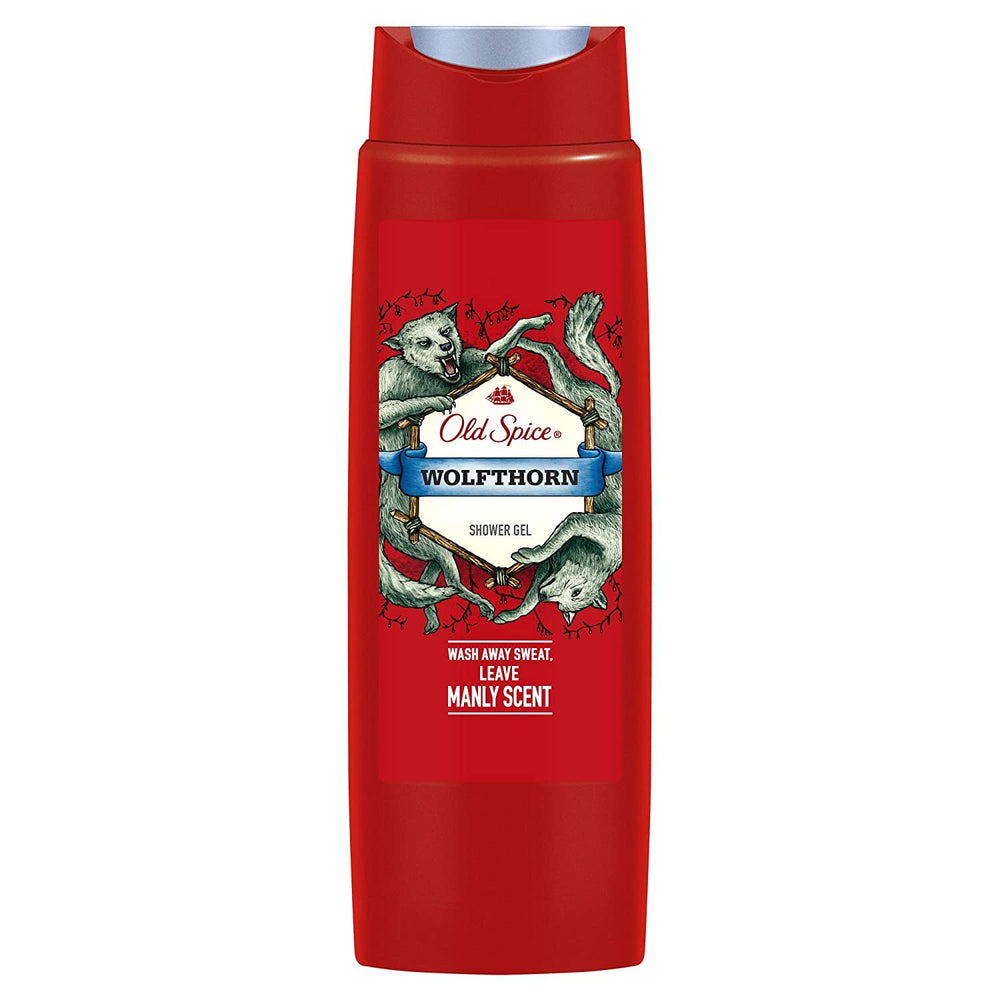 Old Spice Wolfthorn, gel de ducha, aroma vigorizante para empezar el día con confianza.