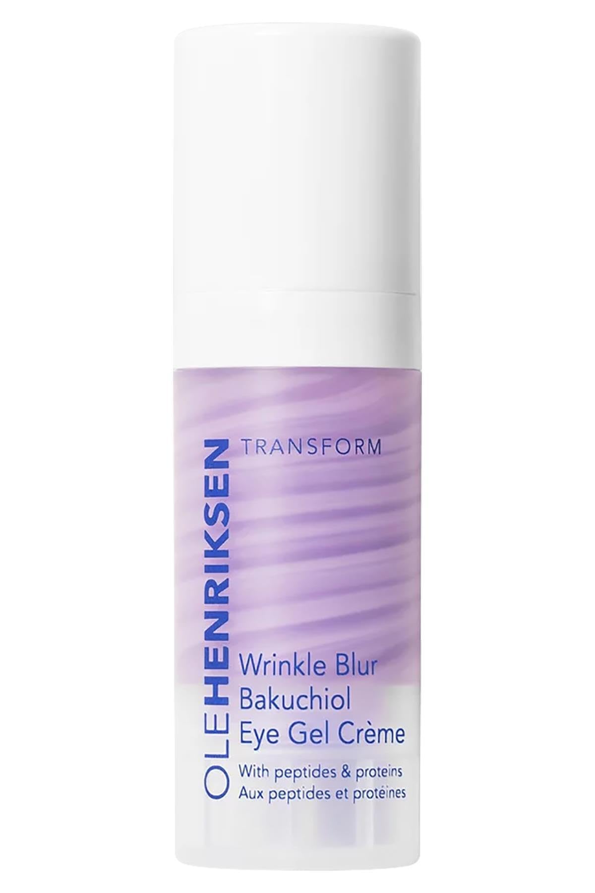 Envase elegante de Ole Henriksen Wrinkle Blur Bakuchiol Gel Crema para ojos, uso diario.