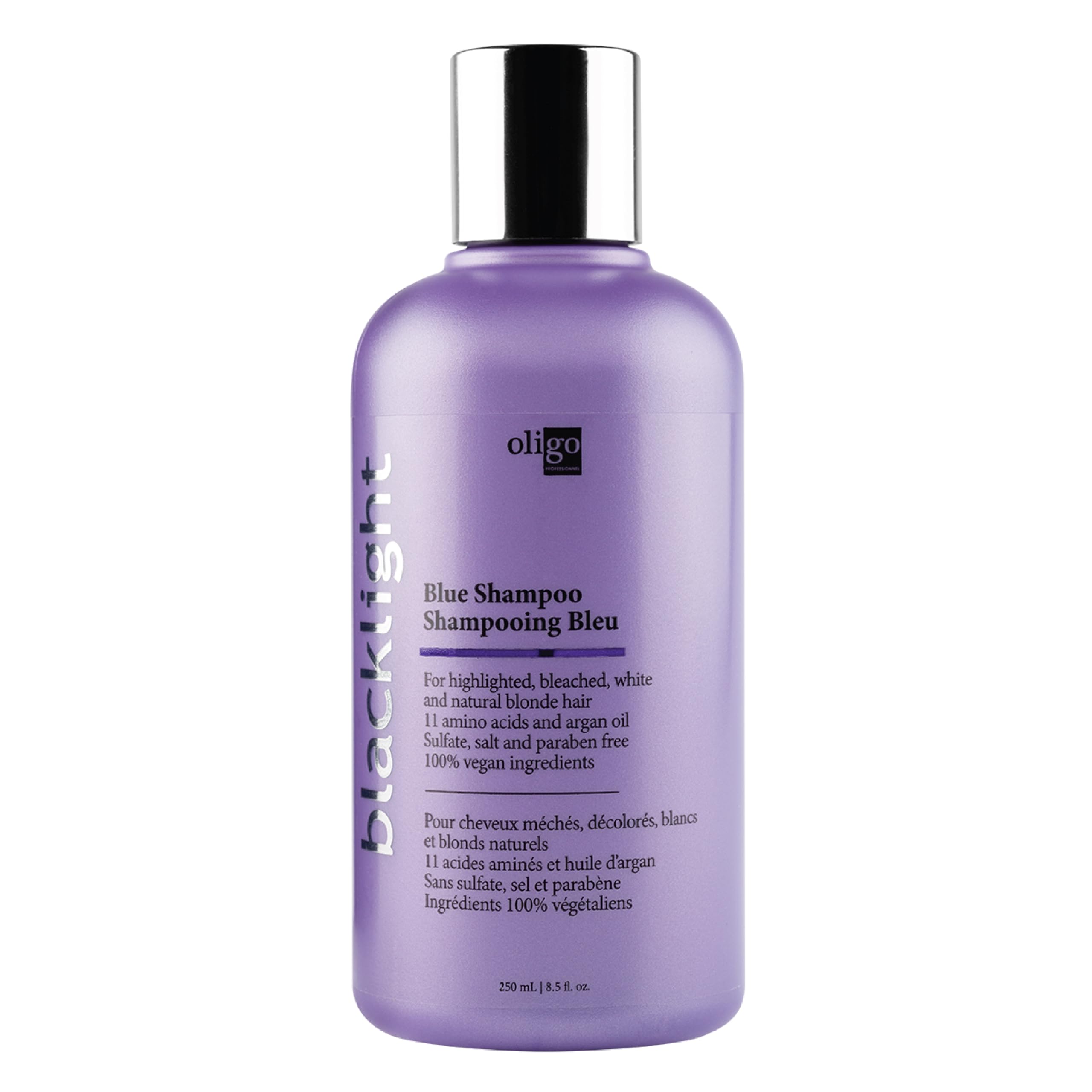 Oligo Professionnel Blacklight Champú Azul: botella visible para rubios y cabello teñido, neutraliza tonos cobrizos.