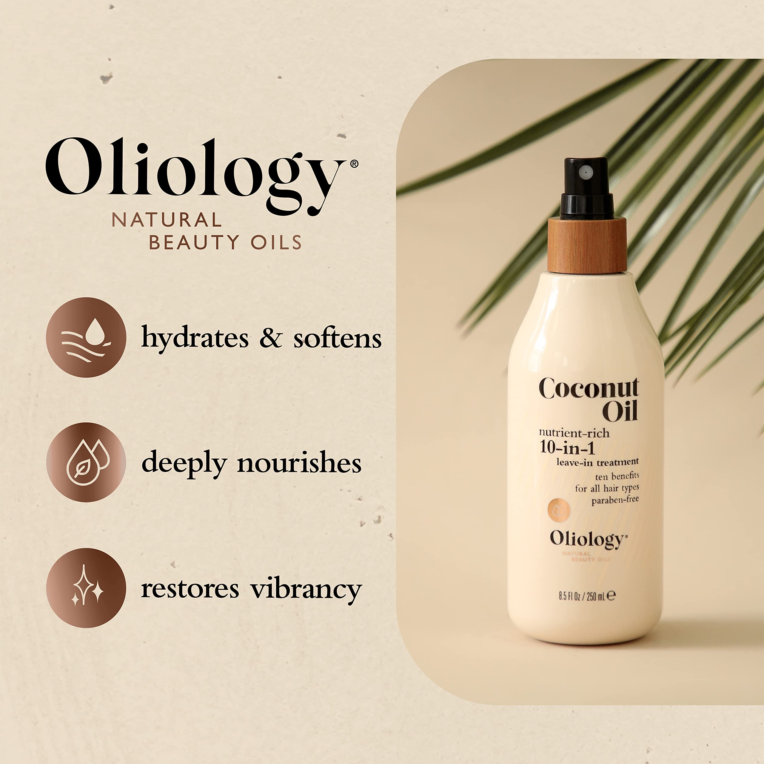 Oliology Coconut Oil 10-en-1, aplicación suave en la mano para cabello manejable.